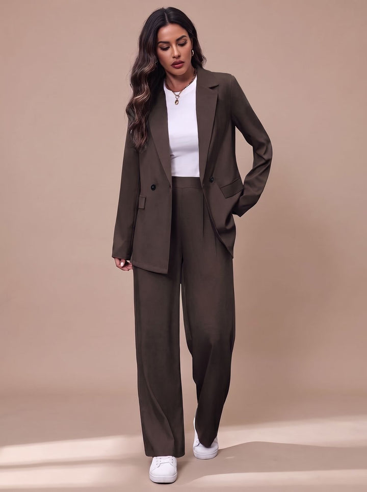 Women's Double-Breasted Tailored Wide-Leg Blazer Pant Suit Set - Dark Brown