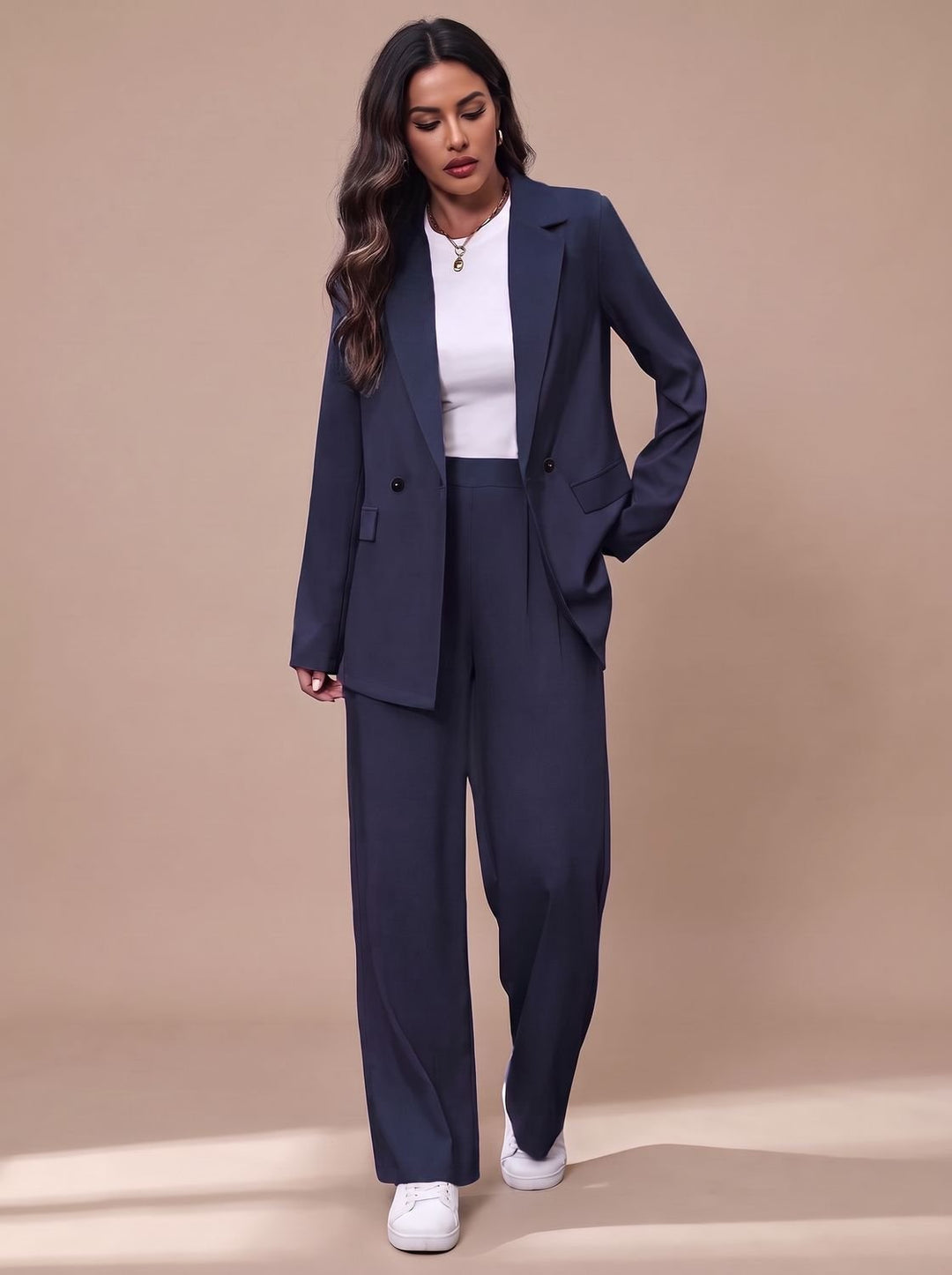 Women's Double-Breasted Tailored Wide-Leg Blazer Pant Suit Set - Navy Blue