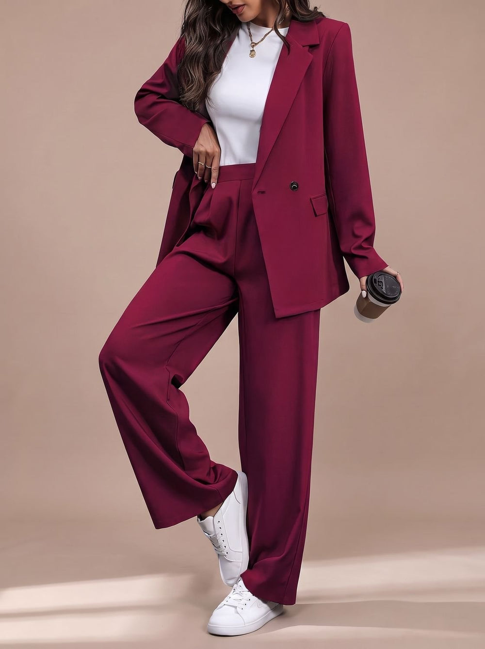 Women's Double-Breasted Tailored Wide-Leg Blazer Pant Suit Set