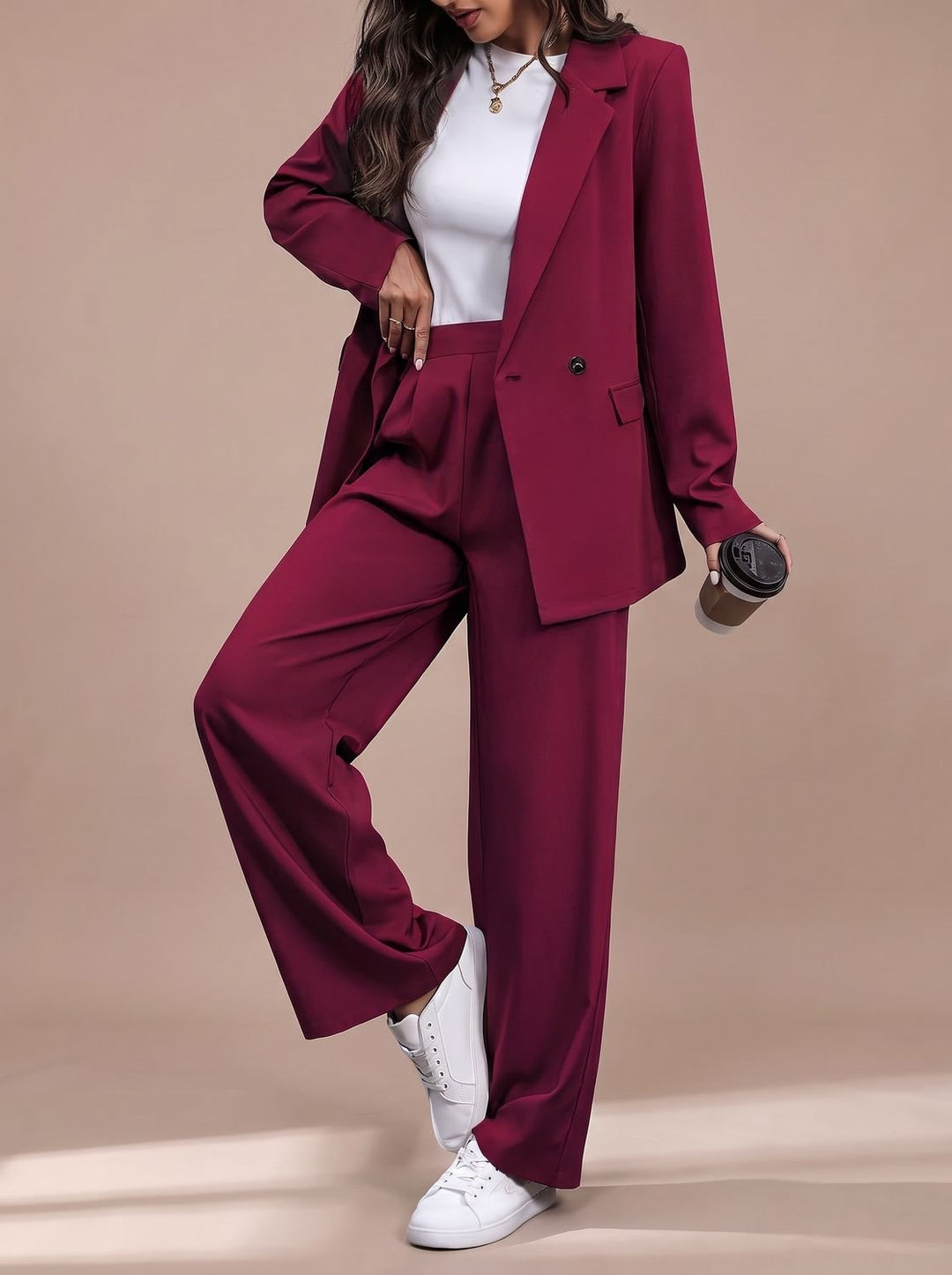 Women's Double-Breasted Tailored Wide-Leg Blazer Pant Suit Set