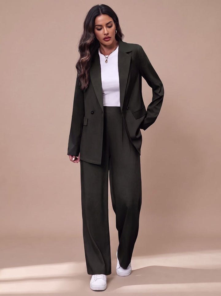 Women's Double-Breasted Tailored Wide-Leg Blazer Pant Suit Set - Black