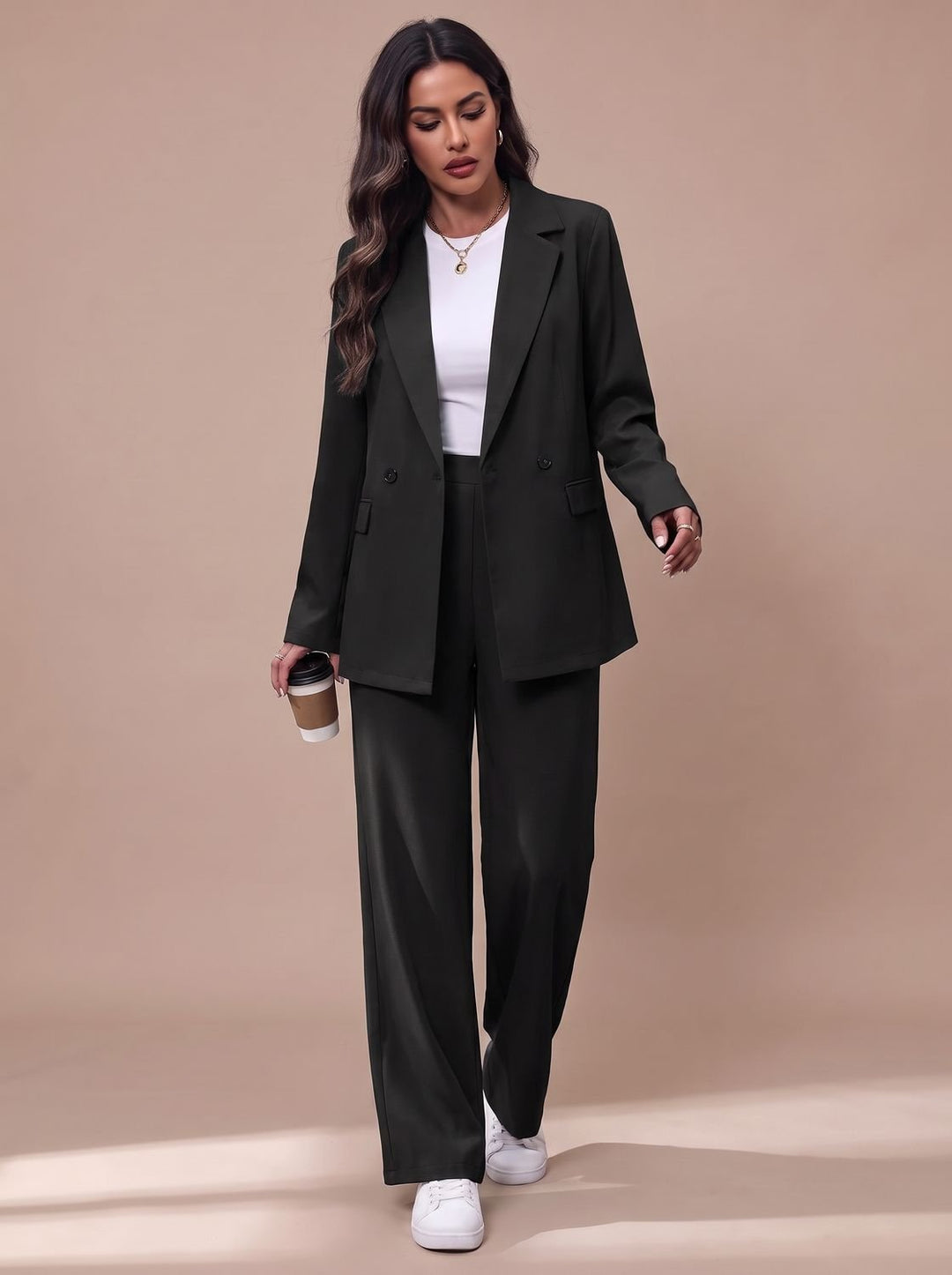 Women's Double-Breasted Tailored Wide-Leg Blazer Pant Suit Set