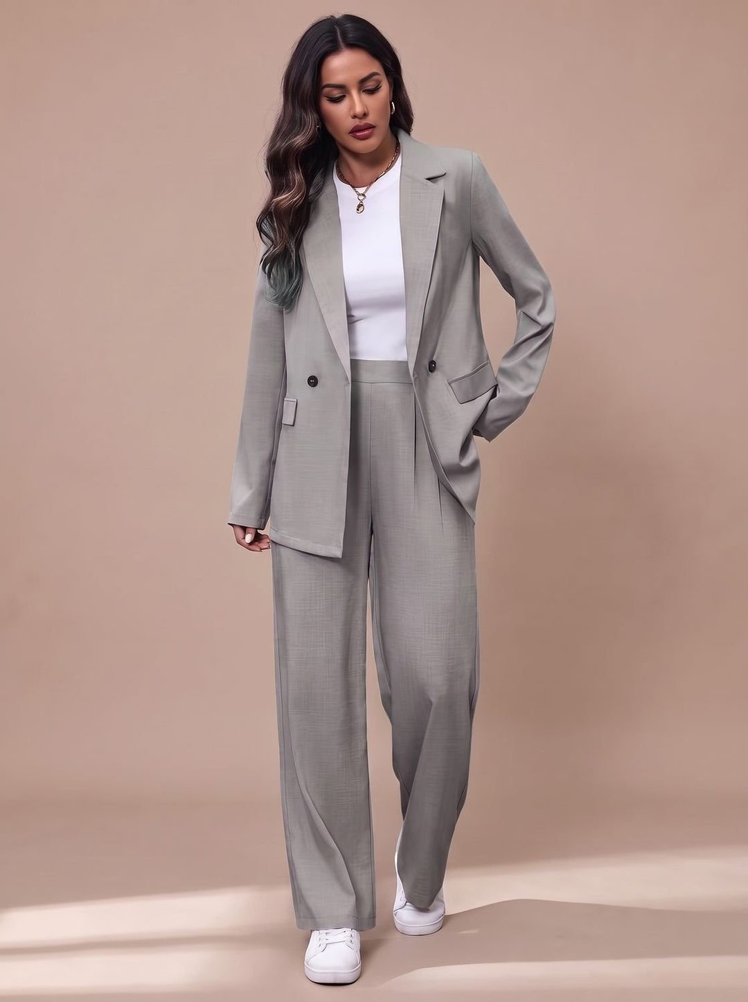 Women's Double-Breasted Tailored Wide-Leg Blazer Pant Suit Set - Light Gray