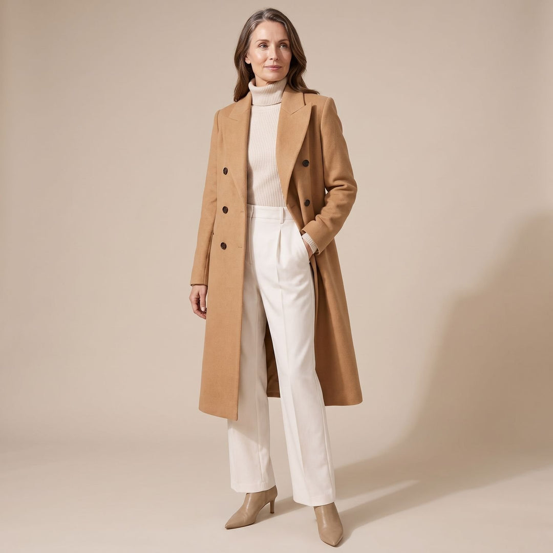 Women's Double-Breasted Wool-Blend Tailored Long Coat