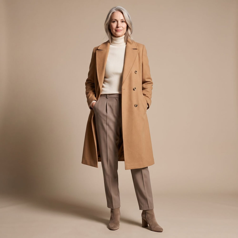 Women's Double-Breasted Wool-Blend Tailored Long Coat - Camel