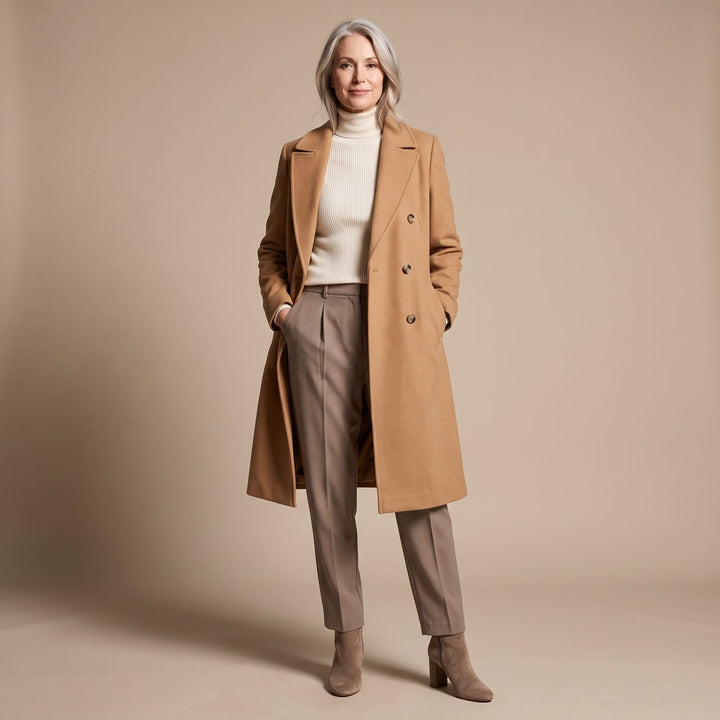 Women's Double-Breasted Wool-Blend Tailored Long Coat - Camel