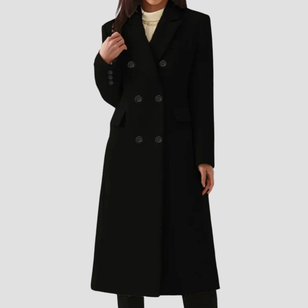 Women's Double-Breasted Wool Winter Coat Notch Lapel Long - Black