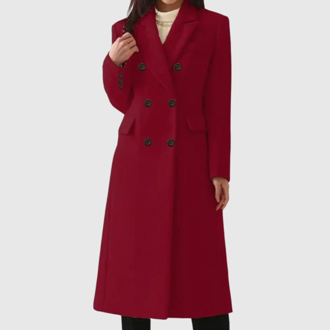 Women's Double-Breasted Wool Winter Coat Notch Lapel Long - Red