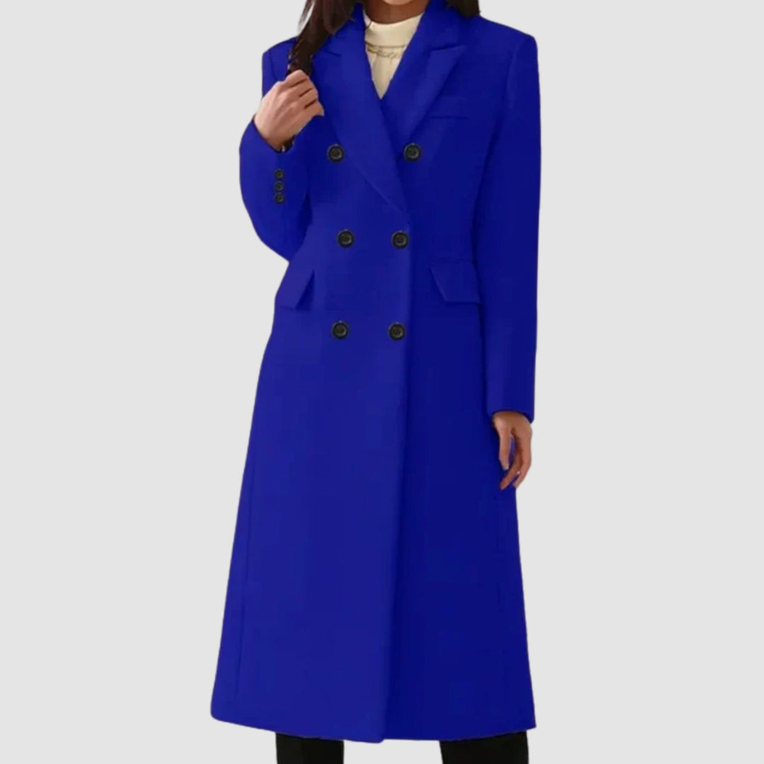 Women's Double-Breasted Wool Winter Coat Notch Lapel Long - Blue