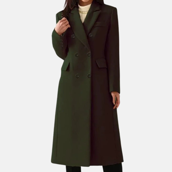 Women's Double-Breasted Wool Winter Coat Notch Lapel Long - Dark Green