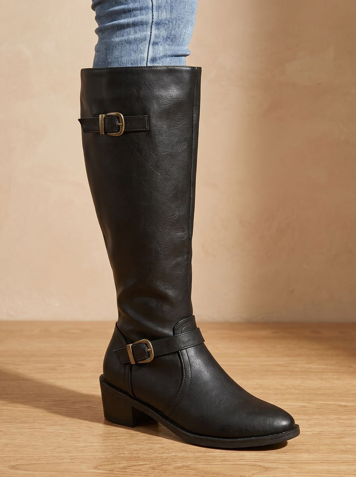 Women's Double Buckle Faux Leather Knee High Boots, Black
