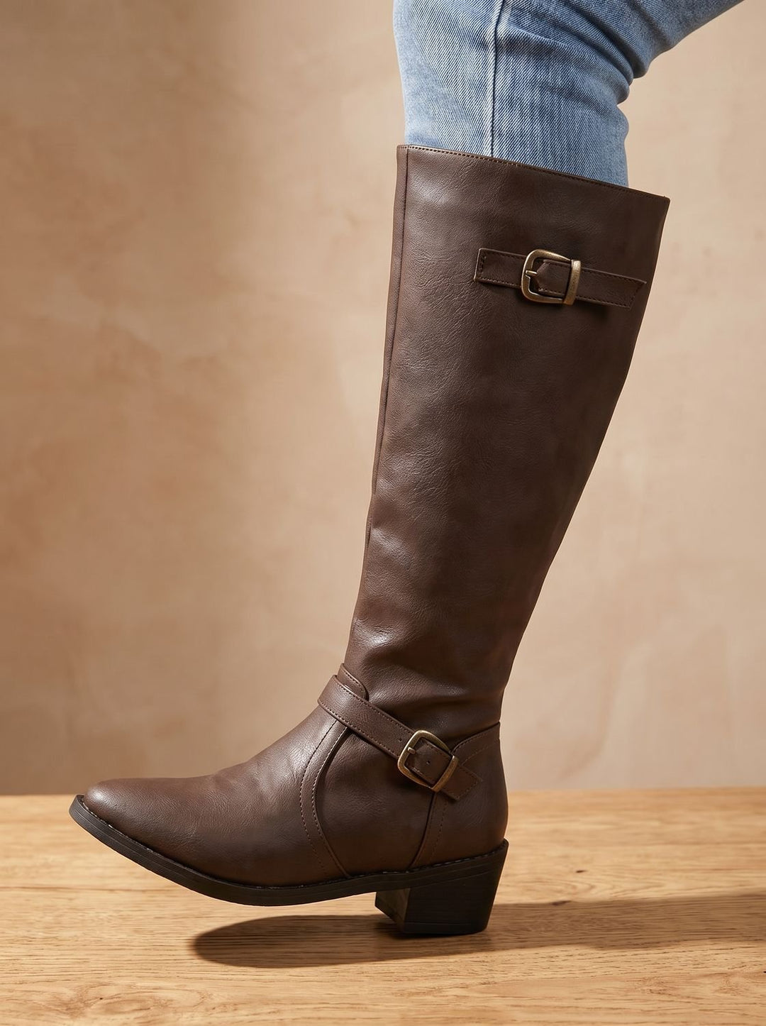 Women's Double Buckle Faux Leather Knee High Boots, Black
