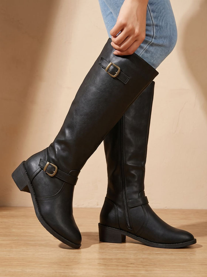 Women's Double Buckle Faux Leather Knee High Boots, Black