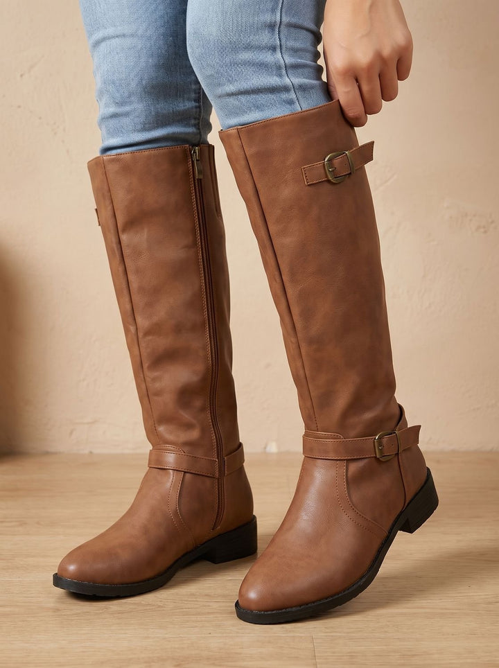 Women's Double Buckle Faux Leather Knee High Boots, Black - Brown
