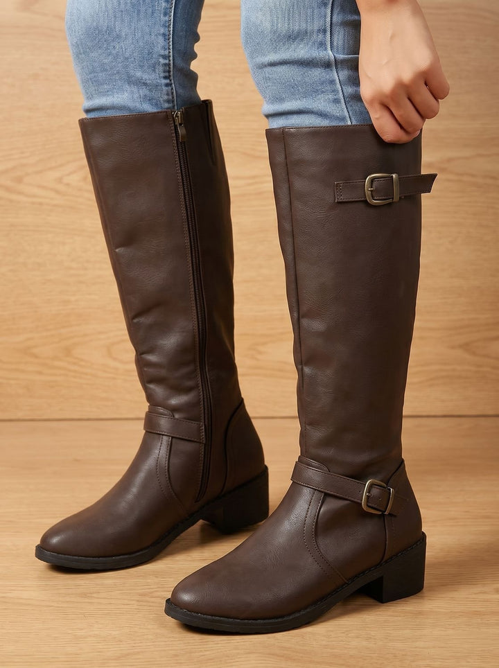 Women's Double Buckle Faux Leather Knee High Boots, Black