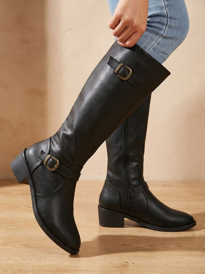 Women's Double Buckle Faux Leather Knee High Boots, Black - Black