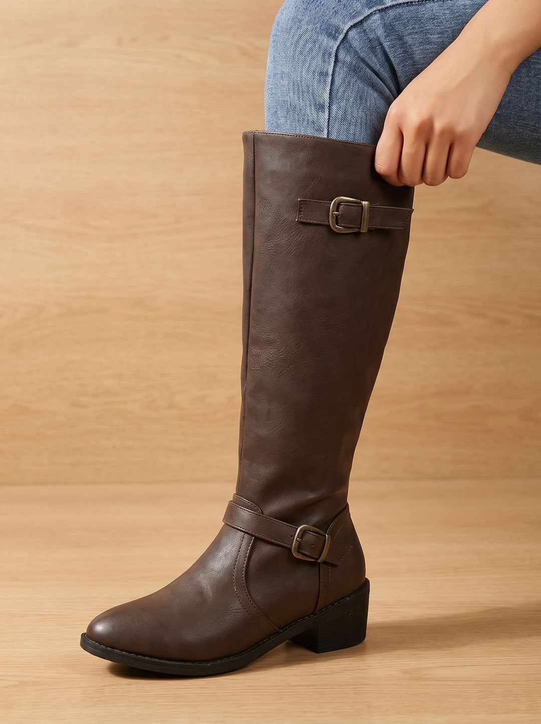 Women's Double Buckle Faux Leather Knee High Boots, Black - Dark Brown