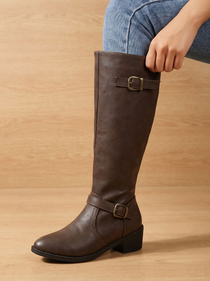 Women's Double Buckle Faux Leather Knee High Boots, Black - Dark Brown