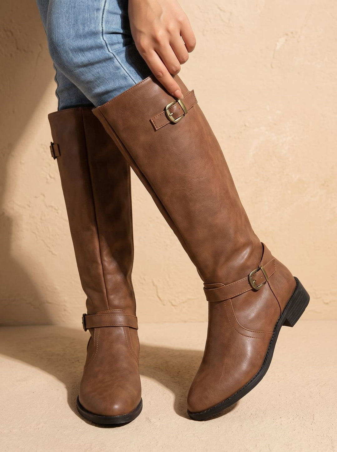 Women's Double Buckle Faux Leather Knee High Boots, Black