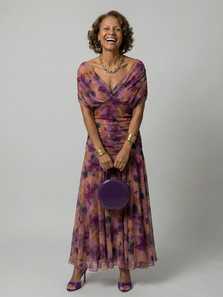 Women's Dress Floral Off-Shoulder Draped Flared Midi - Purple