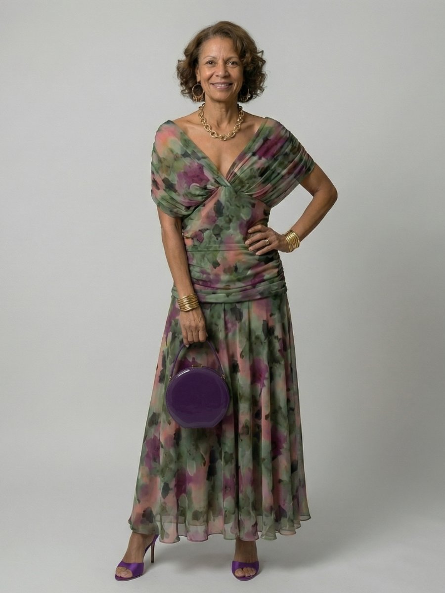 Women's Dress Floral Off-Shoulder Draped Flared Midi - Multicolor