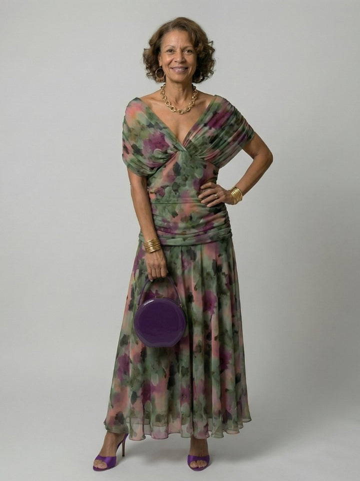 Women's Dress Floral Off-Shoulder Draped Flared Midi - Multicolor