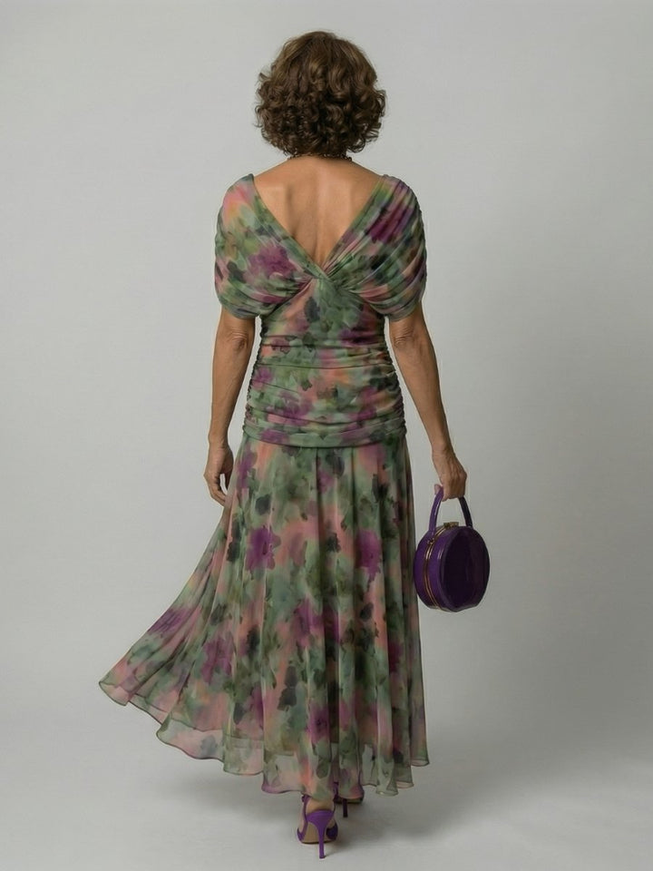 Women's Dress Floral Off-Shoulder Draped Flared Midi