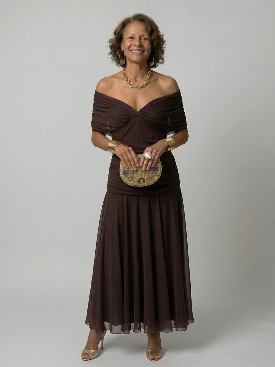Women's Dress Floral Off-Shoulder Draped Flared Midi - Brown