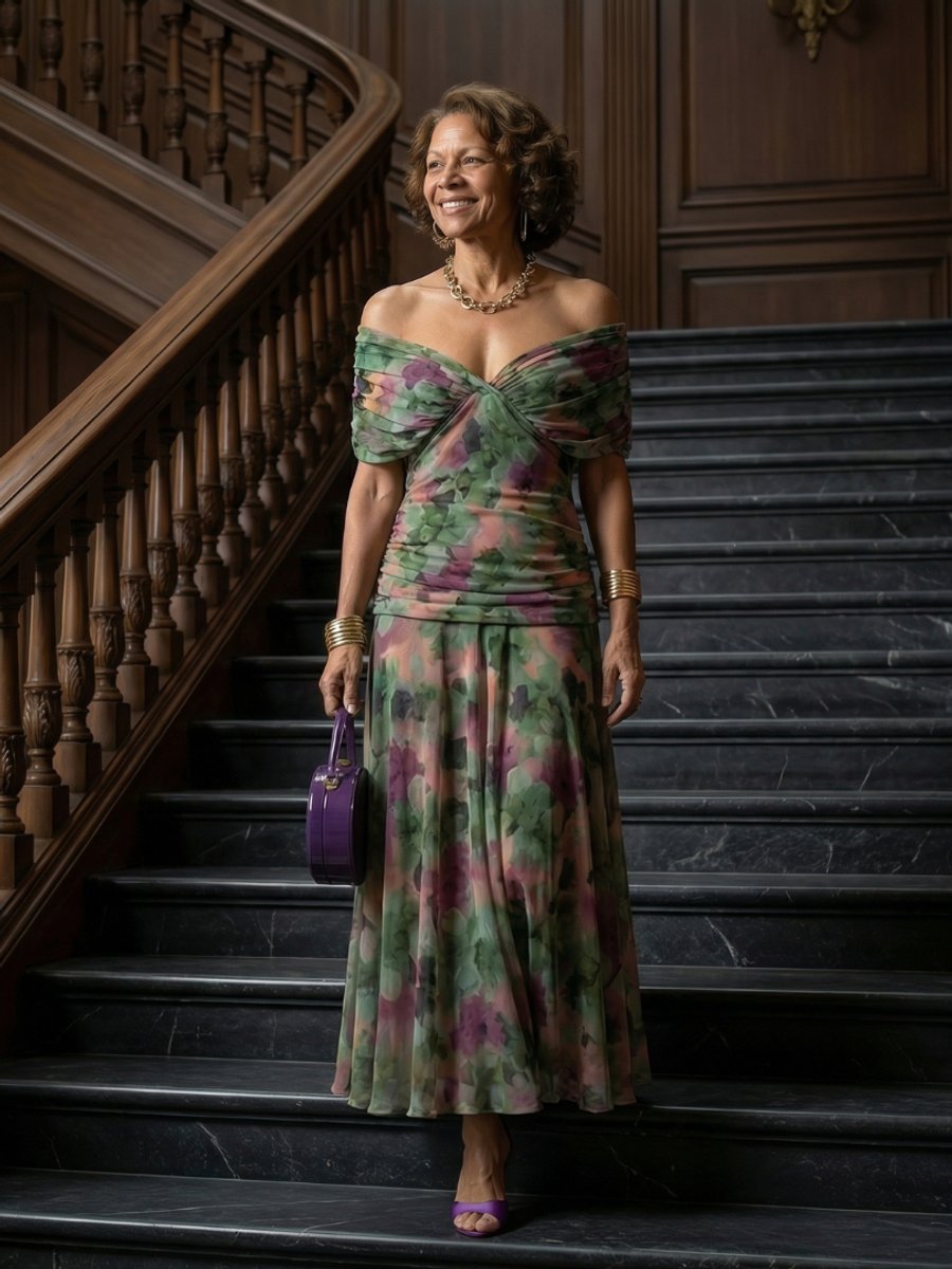Women's Dress Floral Off-Shoulder Draped Flared Midi