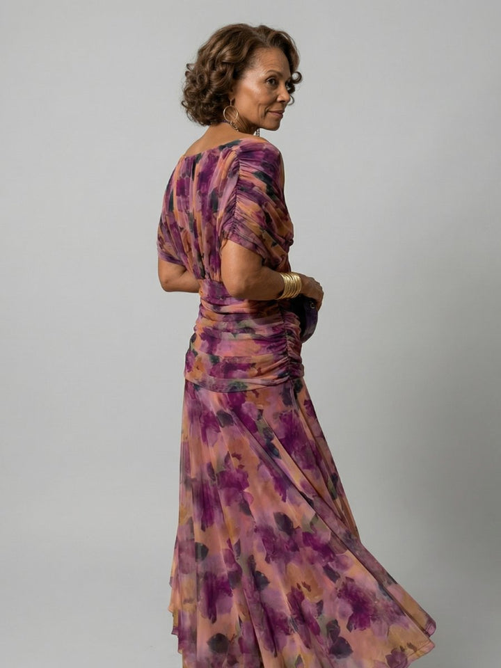 Women's Dress Floral Off-Shoulder Draped Flared Midi