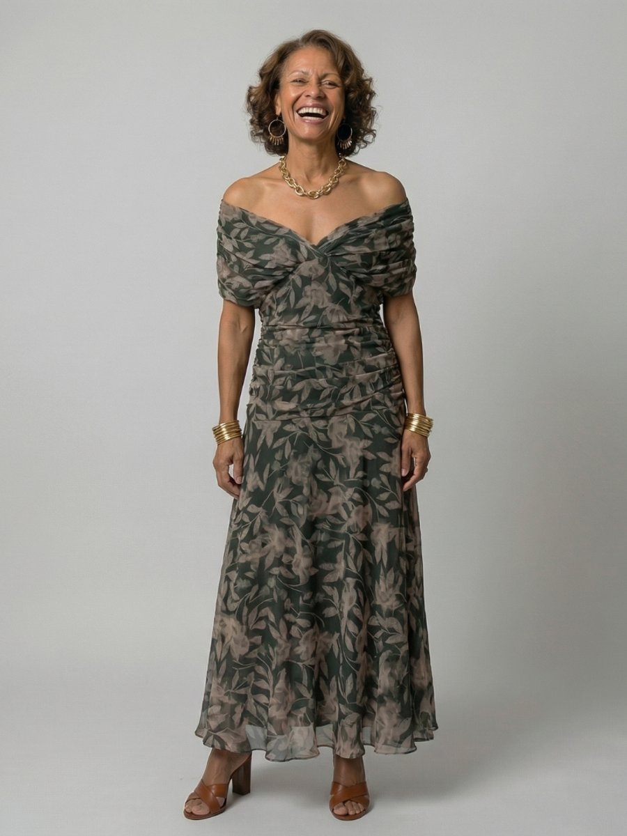 Women's Dress Floral Off-Shoulder Draped Flared Midi - Dark Green