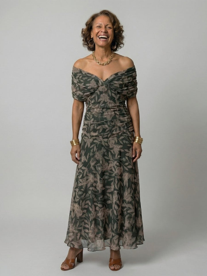 Women's Dress Floral Off-Shoulder Draped Flared Midi - Dark Green