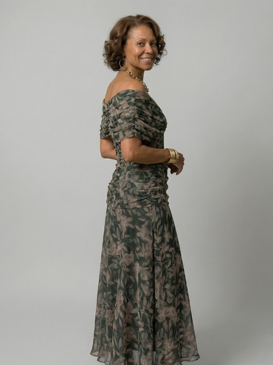 Women's Dress Floral Off-Shoulder Draped Flared Midi