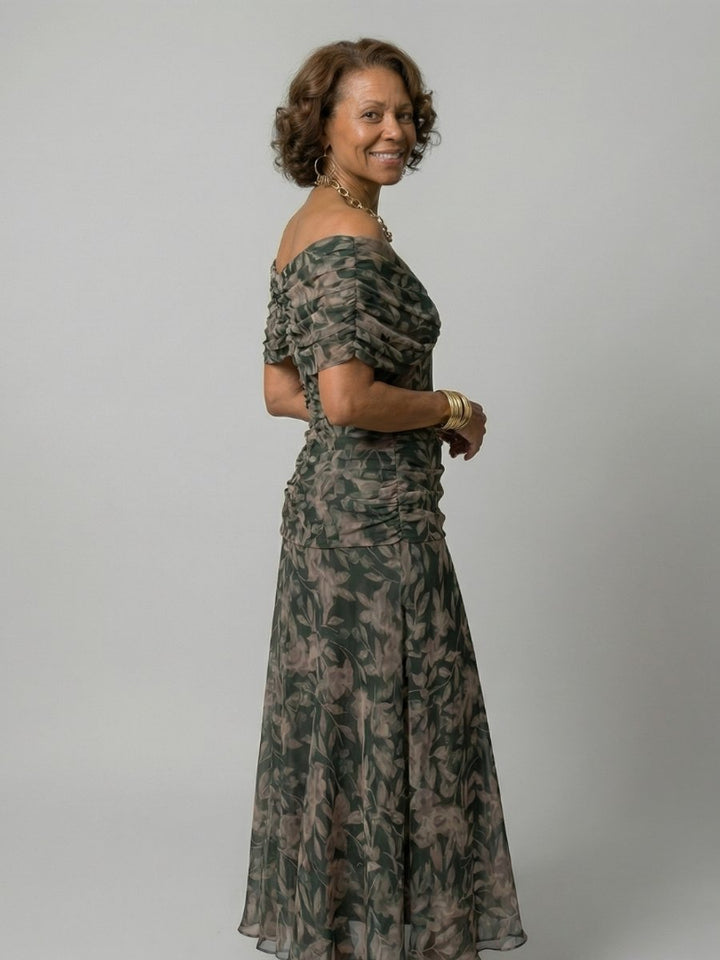 Women's Dress Floral Off-Shoulder Draped Flared Midi