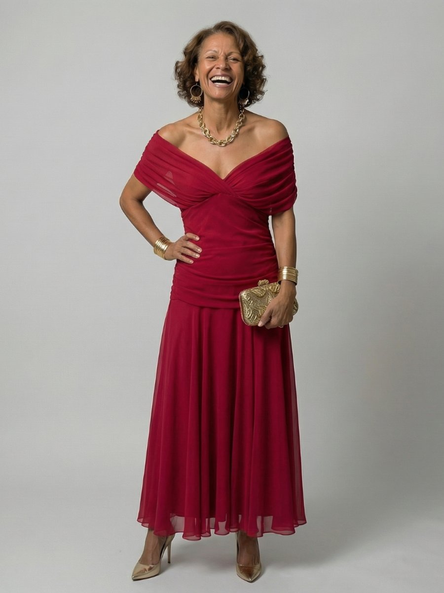 Women's Dress Floral Off-Shoulder Draped Flared Midi - Red