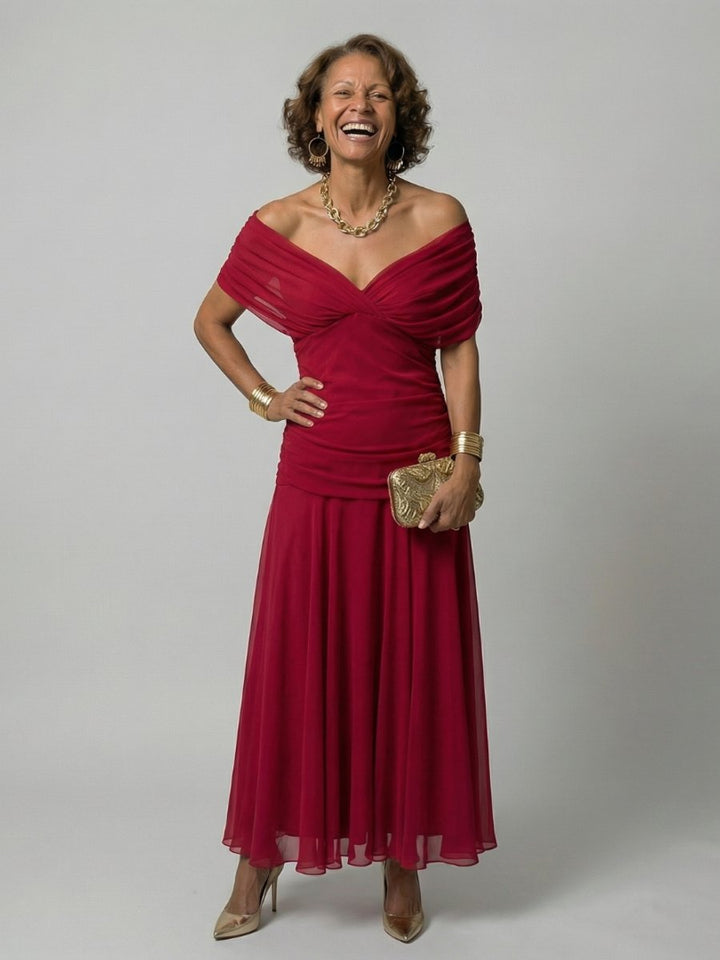 Women's Dress Floral Off-Shoulder Draped Flared Midi - Red
