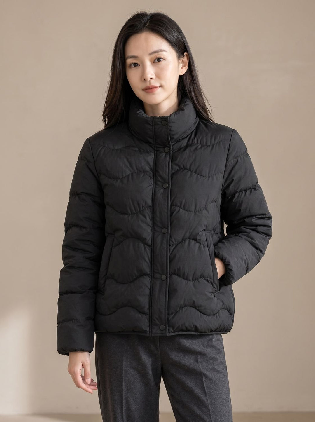 Women's Duck-Down Snap-Front Stand-Collar Puffer Jacket - Black