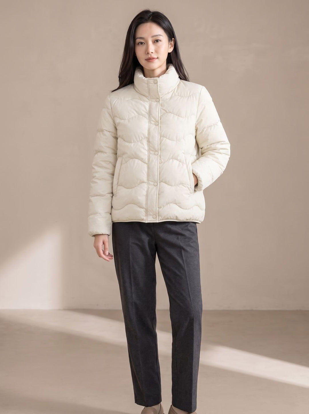 Women's Duck-Down Snap-Front Stand-Collar Puffer Jacket - Milky White