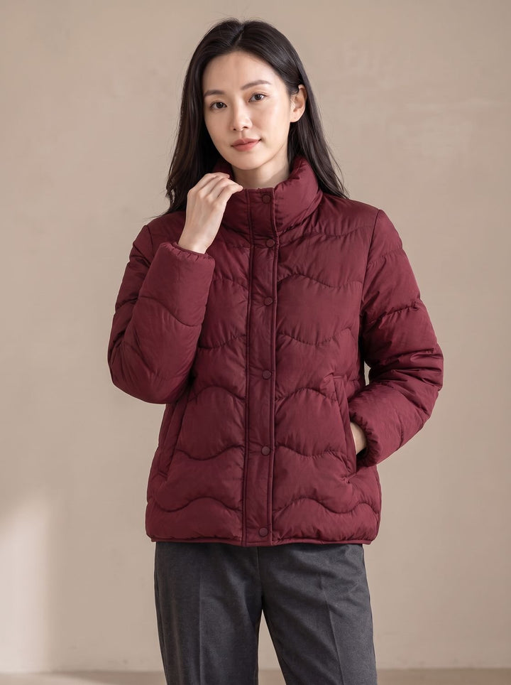 Women's Duck-Down Snap-Front Stand-Collar Puffer Jacket - Angora Red
