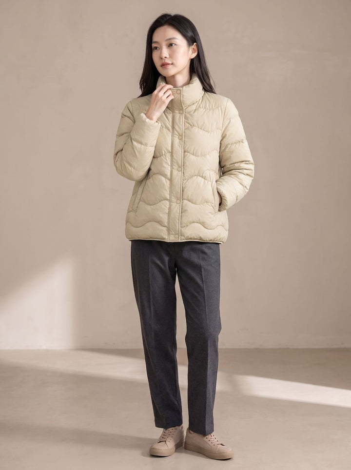 Women's Duck-Down Snap-Front Stand-Collar Puffer Jacket - Beige