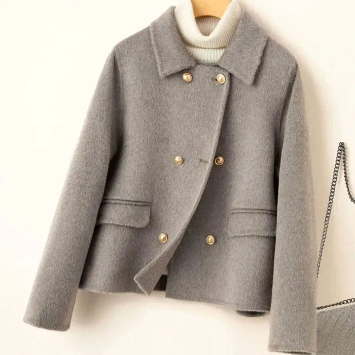 Women's Elegant Double-Breasted Wool-Blend Cropped Coat - Gray