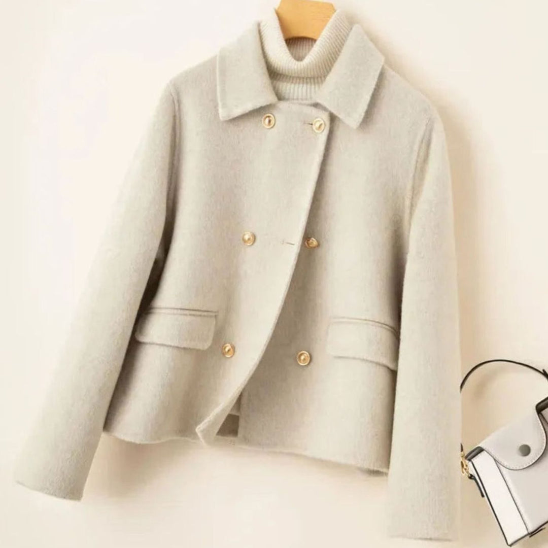 Women's Elegant Double-Breasted Wool-Blend Cropped Coat - Beige