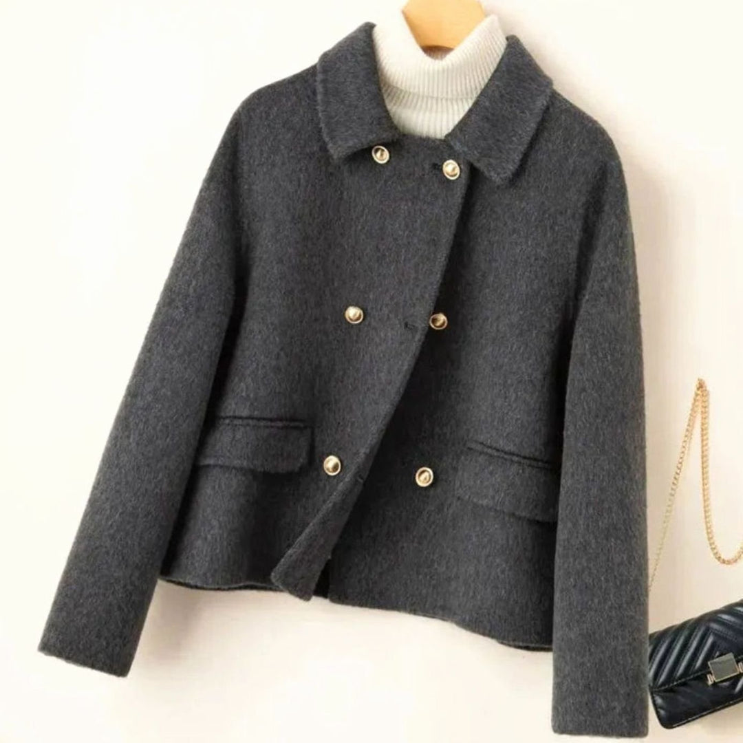 Women's Elegant Double-Breasted Wool-Blend Cropped Coat - Black
