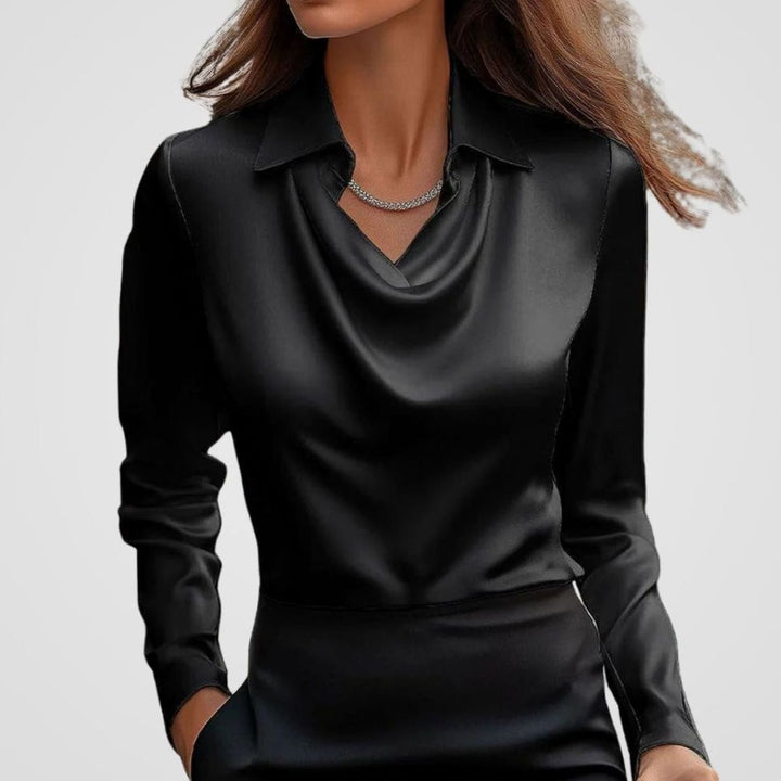 Women's Elegant Draped-Neck Long-Sleeve Satin Blouse