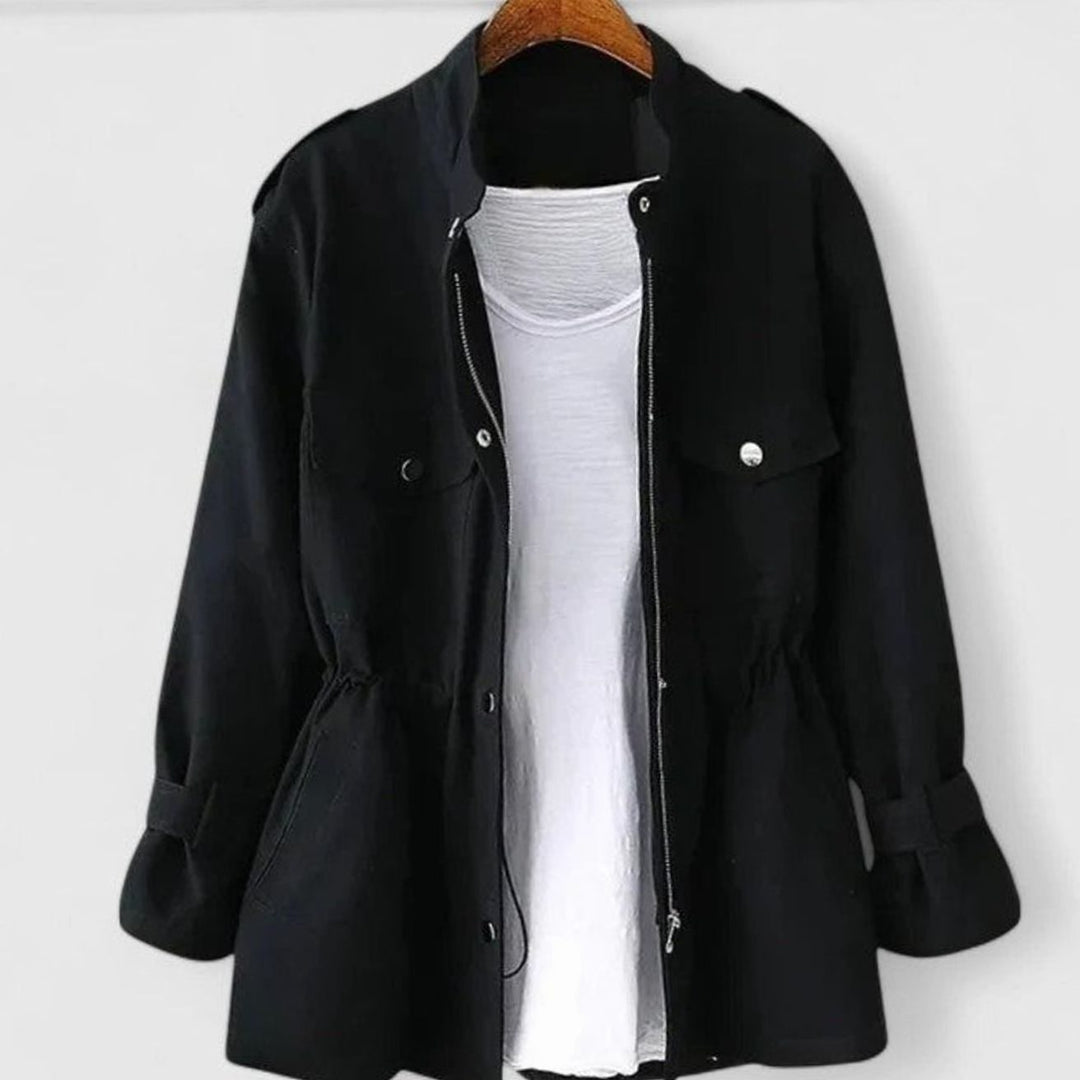 Women's Elegant Drawstring-Waist Utility Jacket - Black