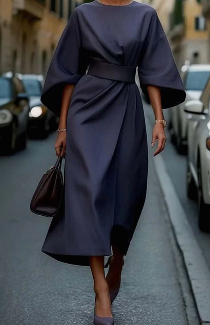 Women's Elegant Dress Belted Lantern-Sleeve Midi - Navy Blue