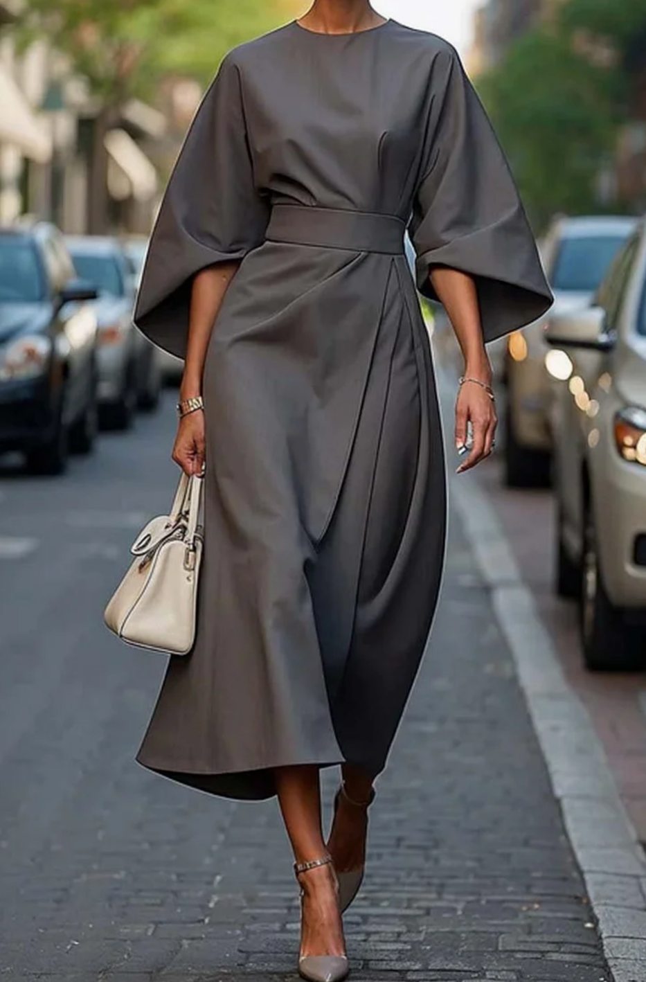Women's Elegant Dress Belted Lantern-Sleeve Midi - Gray