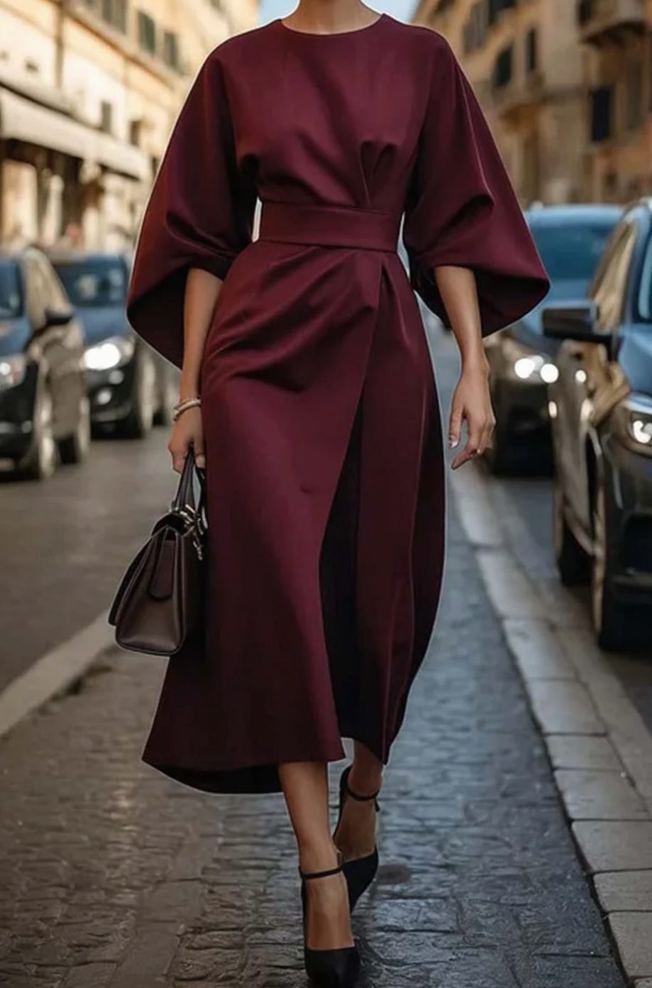 Women's Elegant Dress Belted Lantern-Sleeve Midi - Burgundy