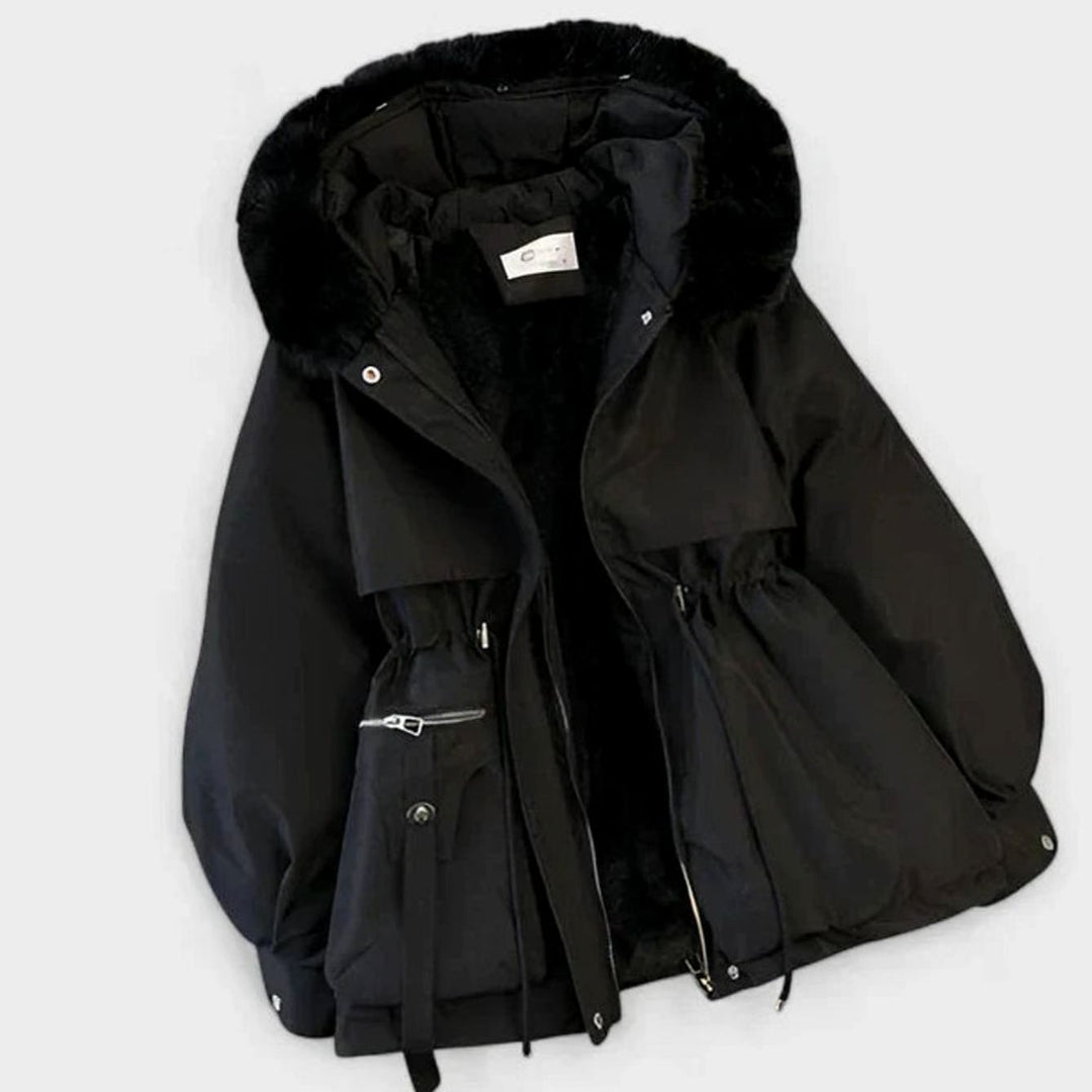 Women's Elegant Insulated Hooded Drawstring Winter Jacket - Black