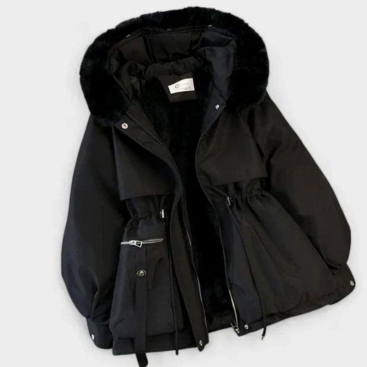Women's Elegant Insulated Hooded Drawstring Winter Jacket - Black